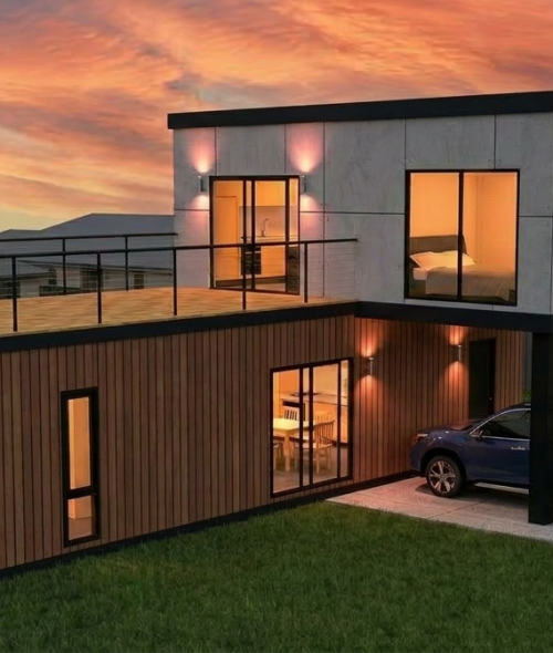 Mandurah 2-story with Vertical timber - Thicker capping top, bottom of top module